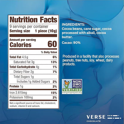 Verse 90% Dark Chocolate Squares - Only 1g Cane Sugar - Creamy Dark Cocoa - Individually Wrapped Cacao Chocolate Squares (9 Count, 2 Pack)