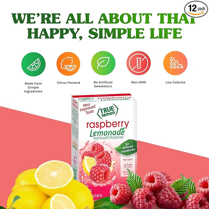 True Citrus Raspberry Flavored Lemonade Drink Mix, Non GMO, 10 Counts, 1.06 Ounces (Pack Of 12)