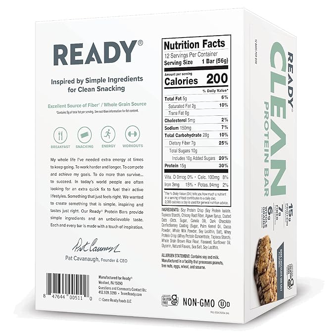 Ready® Protein Bars – High-Protein Snack with 15g Whey Protein, With Flaxseeds and Omega-3s for Sustained Energy, Supports Lean Muscle and Recovery, No Artificial Sweeteners – Dark Chocolate Sea Salt, 12-Pack