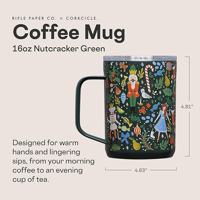Corkcicle x Rifle Paper Co. Triple Insulated Coffee Mug with Lid & Handle - Keeps Beverages Hot for 3+ Hours - Gift for Mom - Great for Mother's Day or Christmas - 16 oz - Nutcracker Green