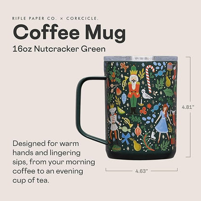 Corkcicle x Rifle Paper Co. Triple Insulated Coffee Mug with Lid & Handle - Keeps Beverages Hot for 3+ Hours - Gift for Mom - Great for Mother's Day or Christmas - 16 oz - Nutcracker Green