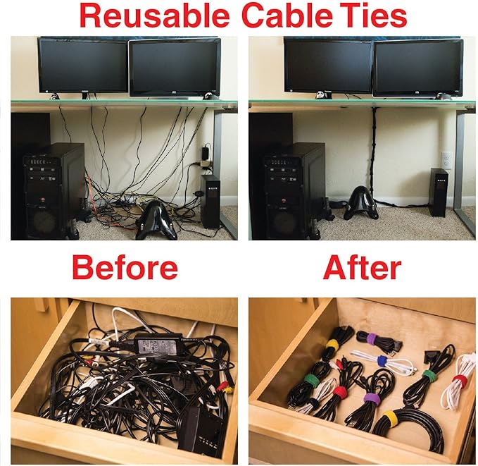 Cable Clips with 3M Self Adhesive, Cord Organizer for Desk Cable Management - 10 Pack of Black Cable Clips (3 Slots) for Home, Office or Nightstand, Bundled with 10 Reusable Cable Ties - ENVISIONED