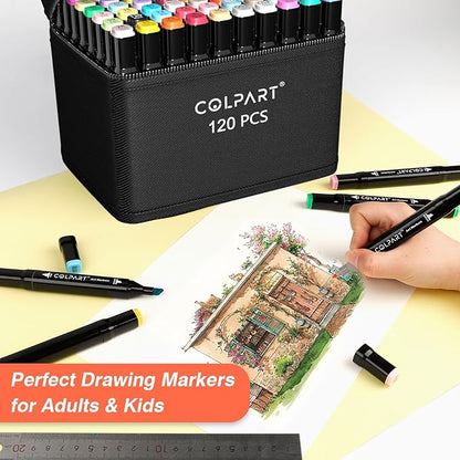120 Colors Alcohol Markers Set Dual Tip Art Markers for Kids Marker Pens with Pen Holder and Case for Adult Painting Supplies Perfect for Painting, Coloring Book, Sketching and Drawing