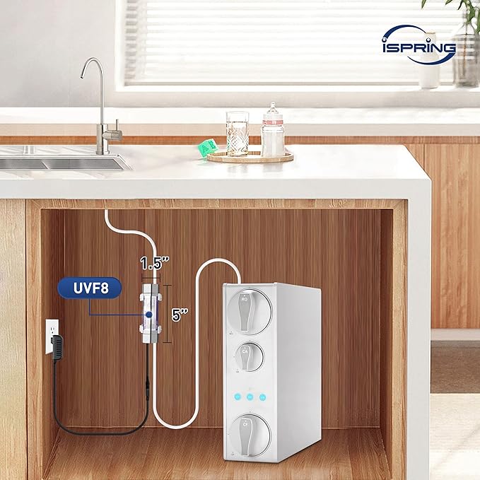 iSpring RO500AK-BN+UVF8 Tankless Reverse Osmosis Water Filtration System with Natural pH Alkaline Remineralization and LED UVF8 Light, 500 GPD RO System, Brushed Nickel Faucet, 2:1 Pure to Drain Ratio