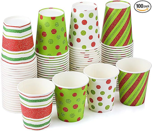 Funtery 100 Pieces Christmas Paper Cups Xmas Disposable Coffee Cups Red and Green Polka Dot Striped Christmas Cup Christmas Cups 9 oz Drinking Tea Paper Cups Christmas Cups for Daily Use Holiday Party