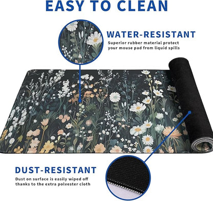 Flower Mouse Pad Abstract Black Mouse Pad 31.5x11.8 Inch Floral Texture Non-Slip Rubber Base Large Weeds Mousepad Stitched Edges Keyboard Mouse Mat Desk Pad for Office and Home