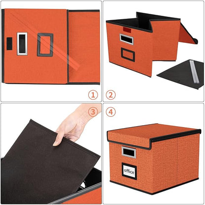Huolewa Portable File Organizer Box with Lid, Large Linen Hanging Office Document Storage Box with Lid, Collapsible Filing&Storage Box for Office/Decor/Home - 14.9 x 12.7 x 10.8 inch