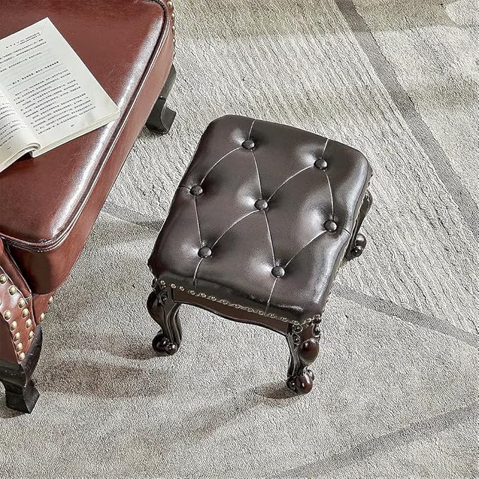 Footstool and Ottomans Small Foot Stool with Fiber Leather Wooden Foot Rest Upholstered Footrest for Living Room Bedroom (Dark-Brown)