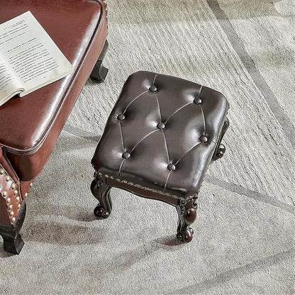 Footstool and Ottomans Small Foot Stool with Fiber Leather Wooden Foot Rest Upholstered Footrest for Living Room Bedroom (Dark-Brown)