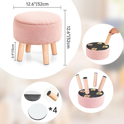 Poofzy Small Ottoman with Storage, Small Foot Stool Ottoman with Wood Legs, Sherpa Foot Rest for Couch, Living Room and Bedroom - Pink