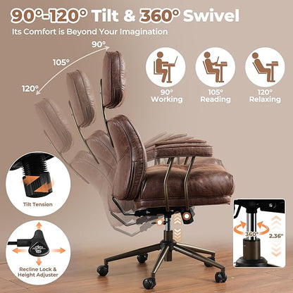 ovios Home Office Chair, Mid-Century Modern Faux PU Leather Chairs with Lumbar Support Comfy Thick Cushion, High Back Ergonomic Swivel Rolling Executive Armchair (Dark Brown, Suede Leather)