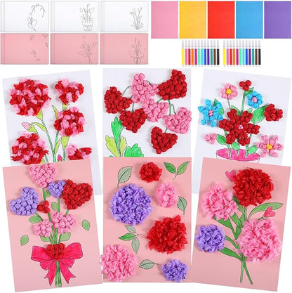 Motipuns 24 Sets Valentine's Day Card Making Kits DIY Valentine Tissue Paper Rose Craft Make Your Own Greeting Card Making Kit Flower Craft for Home Valentines Exchange Gift Party Activities