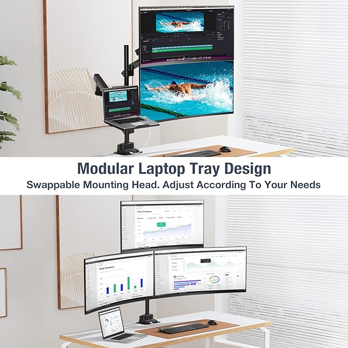 AVLT Laptop & Dual 40 Inch Stacking Monitor Arm Pole Top Mount with USB-C USB-A Ports-Black, Supports 26.4 lbs (12kg), Ultrawide Screen Fit, VESA Compatible, Multi-Screen, Ergonomic Workspace Upgrade