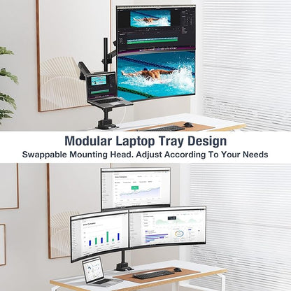 AVLT Laptop & Dual 40 Inch Stacking Monitor Arm Pole Top Mount with USB-C USB-A Ports-Black, Supports 26.4 lbs (12kg), Ultrawide Screen Fit, VESA Compatible, Multi-Screen, Ergonomic Workspace Upgrade