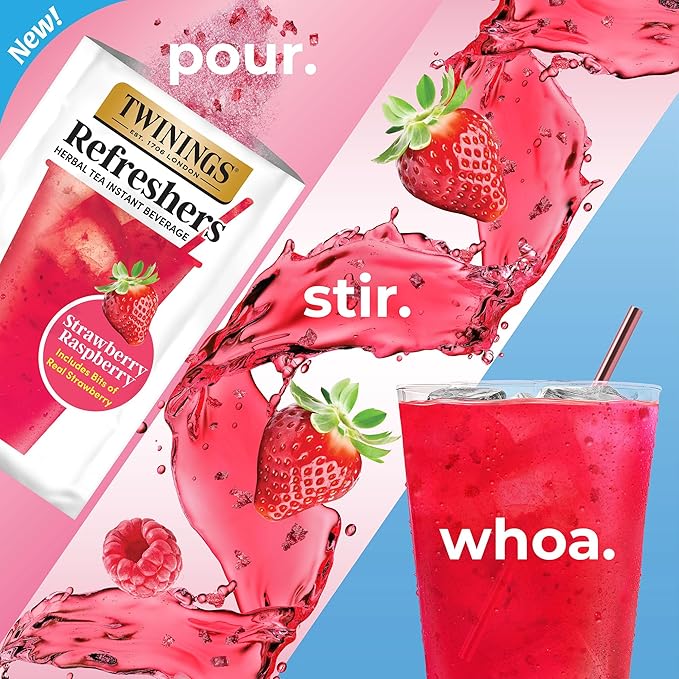 NEW Twinings Strawberry Raspberry Refreshers, Herbal Tea Instant Beverage with Real Strawberry Fruit Bits, 5 Count (Pack of 6), Café Style, No Artificial Sweeteners, Naturally Caffeine-Free, 30 Packets