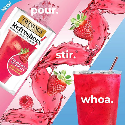 NEW Twinings Strawberry Raspberry Refreshers, Herbal Tea Instant Beverage with Real Strawberry Fruit Bits, 5 Count (Pack of 1), Café Style, No Artificial Sweeteners, Naturally Caffeine-Free, 5 Packets