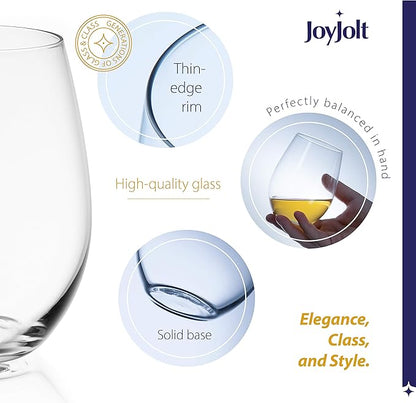 JoyJolt Stemless Wine Glasses Set of 4 – 19 oz Clear Glass Tumblers for Red & White Wine, Cocktails, Dishwasher Safe, Perfect for Home Bar, Gifts