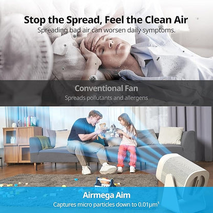 COWAY Air Purifier for Home Bedroom, 2-in-1 with Fan, True HEPA Filter for Smoke, Allergies, Pet Dander, Odor, Air Quality Monitor, Auto Mode, Remote Control, Timer, 3-Year Warranty, Aim, Marshmallow