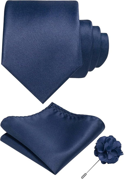 RBOCOTT Solid Color Tie and Pocket Square Hankerchief with Lapel Pin Set for Men