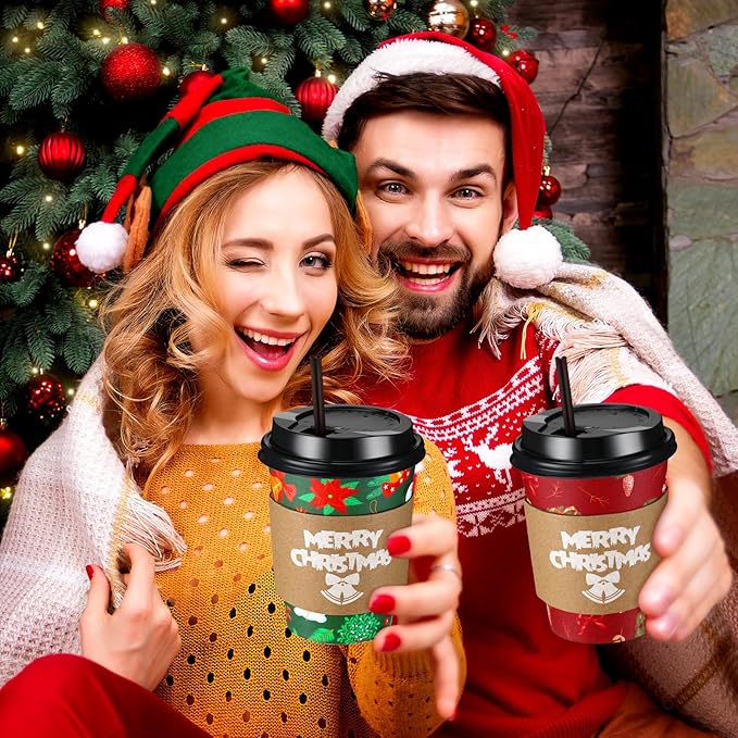 Lallisa 100 Sets Christmas Disposable Coffee Paper Cups Bulk with Lids Sleeves & Straws, 12 oz Red and Greenxmas Snowman Coffee Cups for Hot Cocoa Cold Tea Holiday Party Supplies