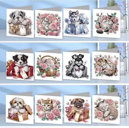 jinglinhh 12pcs Valentine's Day Diamond Art Painting Rose Cat Dog Gift Box Puppy Greeting Cards with Envelopes, DIY Card Making Kits for Adults, Diamond Art Birthday Holiday Cards Craft Gifts
