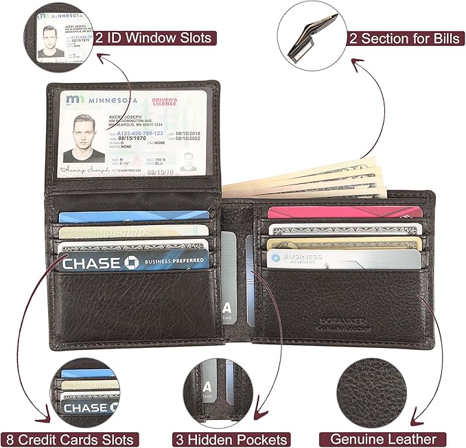 Mens Leather Flip ID Wallet RFID Blocking, 8 Credit Card Slots, 2 ID Window, 2 Sections for Bills, 3 Hidden Pockets | Black