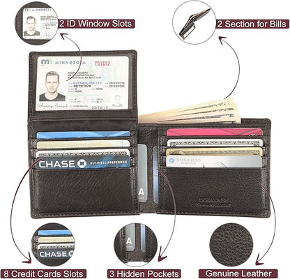 Mens Leather Flip ID Wallet RFID Blocking, 8 Credit Card Slots, 2 ID Window, 2 Sections for Bills, 3 Hidden Pockets | Black