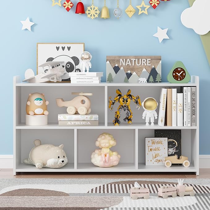 Book Shelf Set of 2, 5 Cubes Storage Organizer, Open Shelf Wooden Bookcase, Freestanding White Bookshelf Cube Shelf for Bedroom, Living Room, Home Office