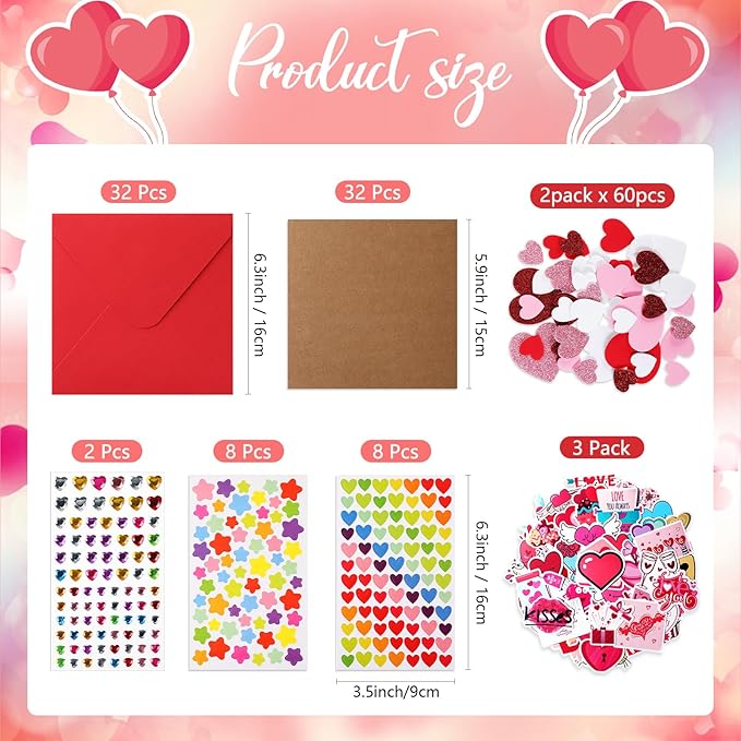 Zonon 32 Pack Valentines Crafts Set, Valentines DIY Card Valentines's Day Kits for Kids Girls Boys Foam Heart Sticker Craft DIY Kits Sticker Envelopes Cards Set for Classroom Exchange Gifts (Red)