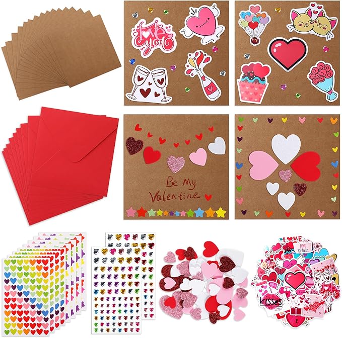 Zonon 32 Pack Valentines Crafts Set, Valentines DIY Card Valentines's Day Kits for Kids Girls Boys Foam Heart Sticker Craft DIY Kits Sticker Envelopes Cards Set for Classroom Exchange Gifts (Red)