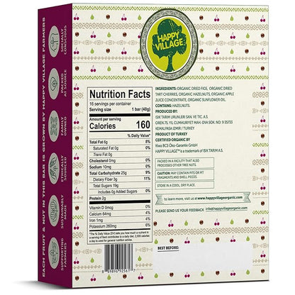 Happy Village Organic Fruit & Nut Bar, TART CHERRY | Gluten Free, No Refined Sugar, Kosher, Non-GMO, Vegan, Good Source of Fiber | Organic Healthy Snack Bars (16 bars, 1.4 OZ each)