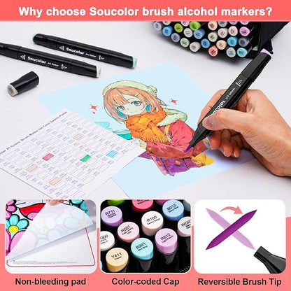 Soucolor 61 Colors Pastel Alcohol Based Markers Set | Professional Dual Tip Art Markers with Brush & Chisel Tips | Includes 1 Blender & Carry Case | For Artists, Adults Coloring, Drawing, Illustration