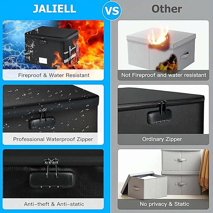 File Box with Lock - Fireproof Document Box File Organizer with Zipper & Adjustable Handle, Collapsible File Storage Box for Home Office, Filing Cabinet for Hanging Letter/Legal Folder