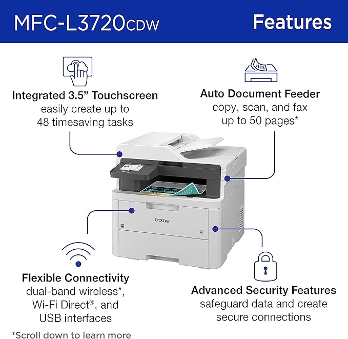 Brother Color Laser Printer All-in-One with Scanner, Copier and Fax - Professional Wireless Business Printer with Auto Duplex and 250-Sheet Capacity for Small Office (MFC-L3720CDW)
