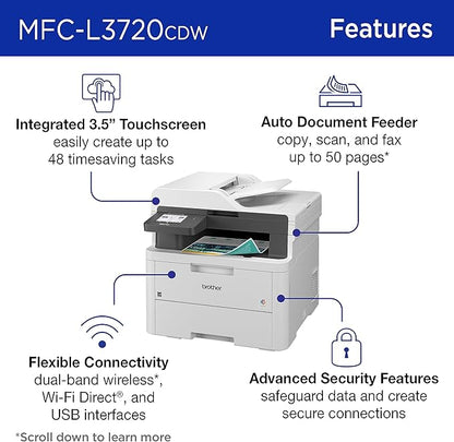 Brother Color Laser Printer All-in-One with Scanner, Copier and Fax - Professional Wireless Business Printer with Auto Duplex and 250-Sheet Capacity for Small Office (MFC-L3720CDW)