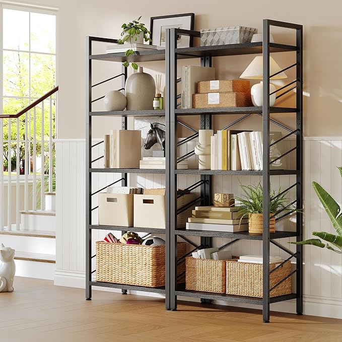 5 Tier Bookshelf, Industrial Tall Bookcase, Modern Display Shelves with Metal Frame and Sidebars for Bedroom, Living Room and Home Office, Black