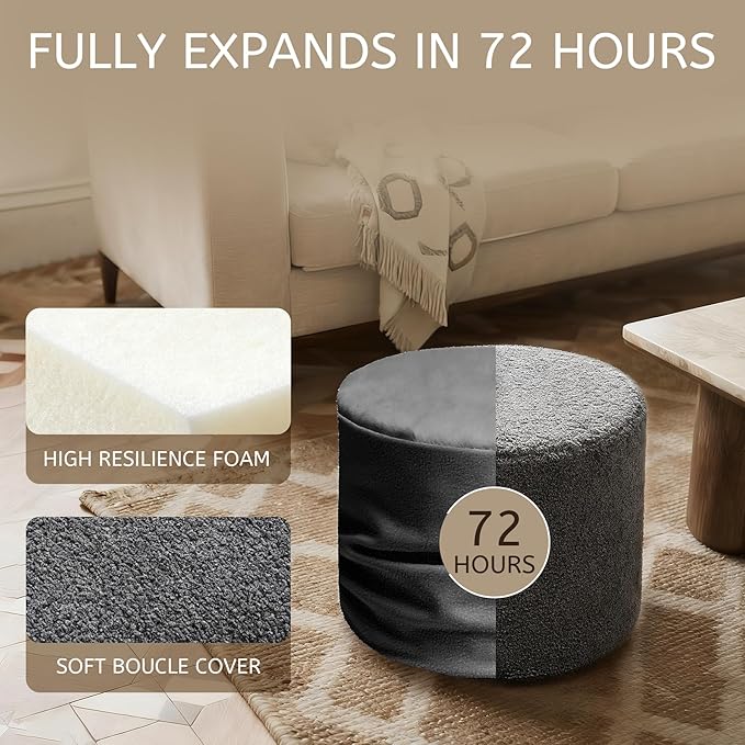 Round Boucle Pouf Ottoman Footrest – Soft & Lightweight Footstool with Full Foam Filling for Living Room, Bedroom
