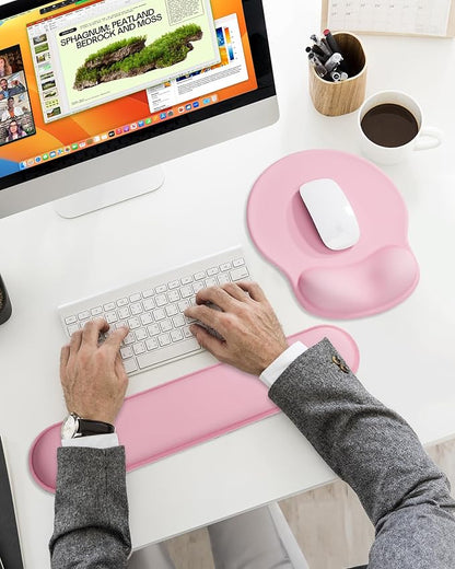 Ergonomic Mouse Pad Wrist Support Set, Memory Foam Keyboard Wrist Rest Set, Relieve Wrist Pain Keyboard Pad, Non-Slip Base Mousepad(Pink Set)