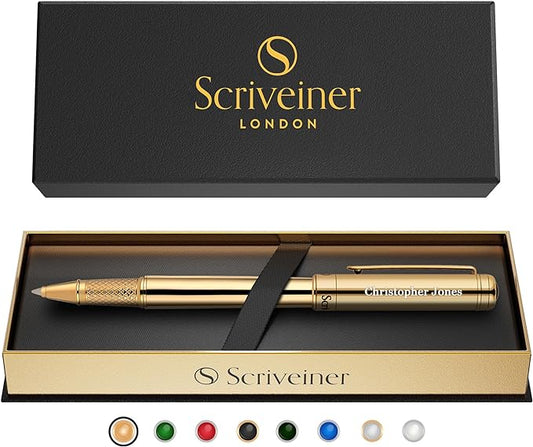 Scriveiner Personalized Gold Rollerball Pen - Stunning Luxury Pen, Real Gold Plating, Schmidt Ink Refill, Best Engraved Roller Ball Gift Set for Men & Women, Custom Name Engraving