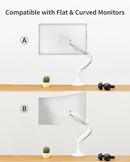 Ultrawide Single Monitor Mount, Adjustable Gas Spring Monitor Arm for 17 to 49 inch Screens, 75/100 Vesa Mount with C-Clamp and Grommet Base, White