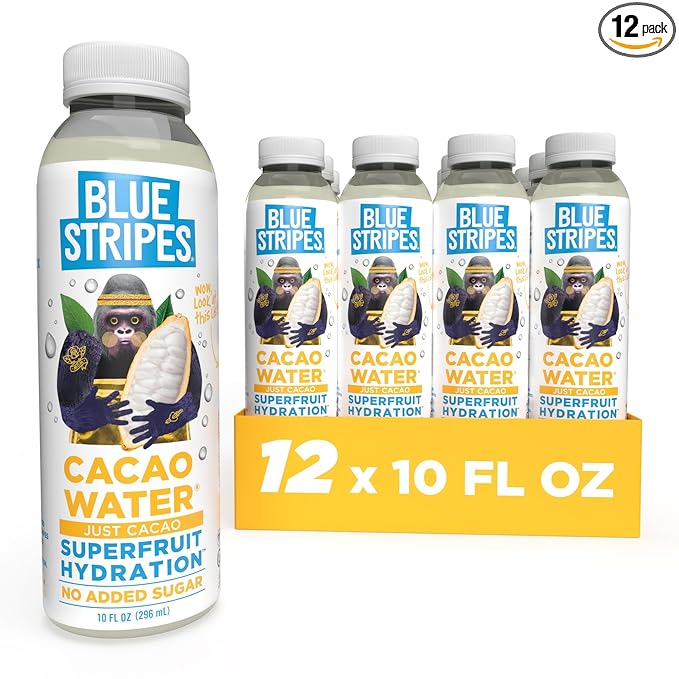 Blue Stripes Cacao Water - Cold Pressed Superfruit Hydration with Electrolytes & Antioxidants, No Sugar Added, All Natural, Great for Protein Shakes & Smoothies - Just Cacao, 12 Pack