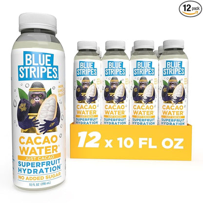 Blue Stripes Cacao Water - Cold Pressed Superfruit Hydration with Electrolytes & Antioxidants, No Sugar Added, All Natural, Great for Protein Shakes & Smoothies - Just Cacao, 12 Pack