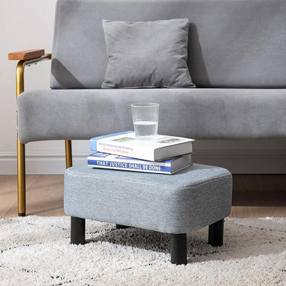 IBUYKE 16.54" Small Footstool Linen Fabric Pouf Ottoman Footrest Modern Home Bedroom Rectangular Stool, with Padded Seat Pine Wood Legs, Gray Blue RF-BD214-D