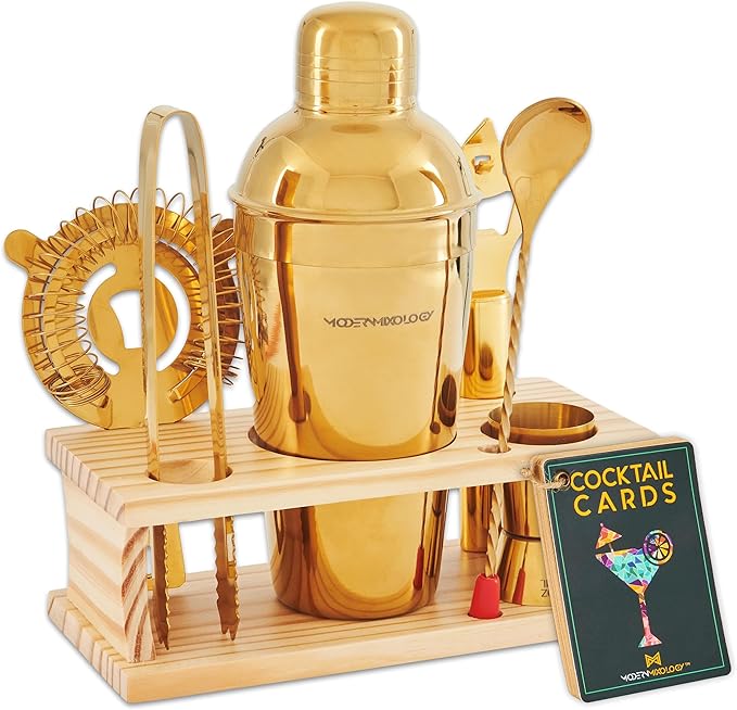 Modern Mixology Cocktail Shaker Set - 8 Piece Bartender Kit on Quality Pine Stand | Complete Cocktail Kit Gift Set | Top Bartender Gifts for Men | Leak Proof Design (Gold)
