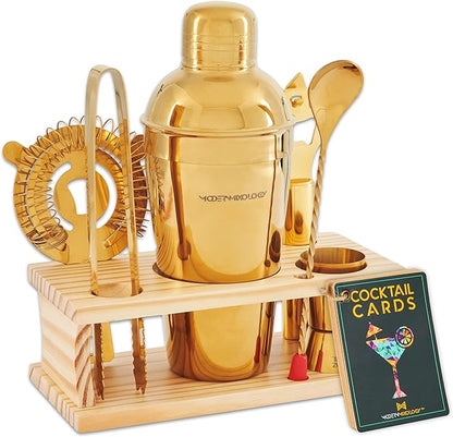 Modern Mixology Cocktail Shaker Set - 8 Piece Bartender Kit on Quality Pine Stand | Complete Cocktail Kit Gift Set | Top Bartender Gifts for Men | Leak Proof Design (Gold)