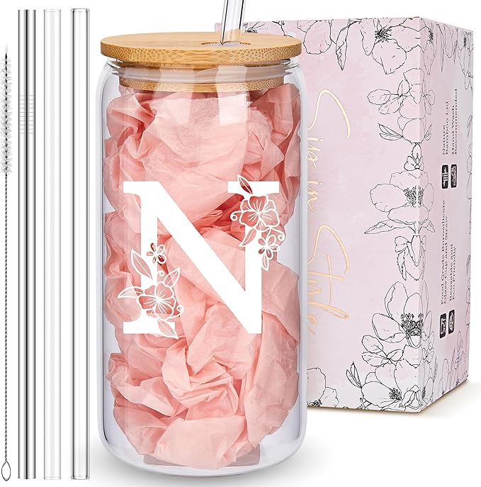 Personalized Tumbler, Monogrammed Can Glass Cups with Bamboo Lids and Straws, Customized Gifts for Women, Cute Design Initial Iced Coffee glasses, Custom Letter Mug, Birthday Bridesmaid, N