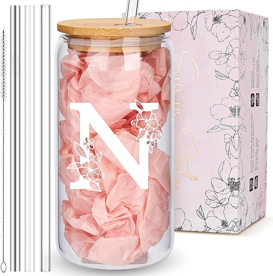 Personalized Tumbler, Monogrammed Can Glass Cups with Bamboo Lids and Straws, Customized Gifts for Women, Cute Design Initial Iced Coffee glasses, Custom Letter Mug, Birthday Bridesmaid, N