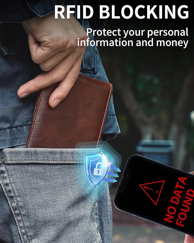 Mens Wallet Bifold Genuine Leather RFID Blocking Wallet for Men with 2 ID Windows 11 Card Holders 2 cash pockets 1 Gift Box