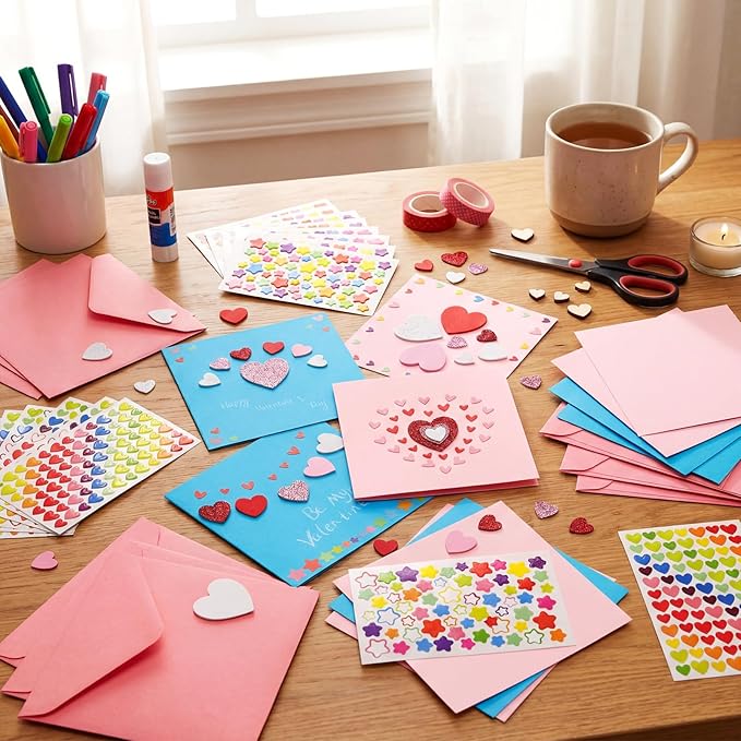 Zonon 16 Pack Valentines Crafts DIY Card Valentines's Day Kits Foam Heart Sticker Craft DIY Kits Envelopes Cards Set for Exchange Gifts (Cute Color)