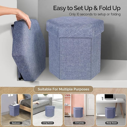 Storage Ottoman,Folding Ottomans with Storage,Linen Ottoman Foot Rest,Foot Stool with Thicker Foam Padded for Living Room,Bedroom,Office,Dorm,287 lb Load Capacity,14x14x13in,Blue